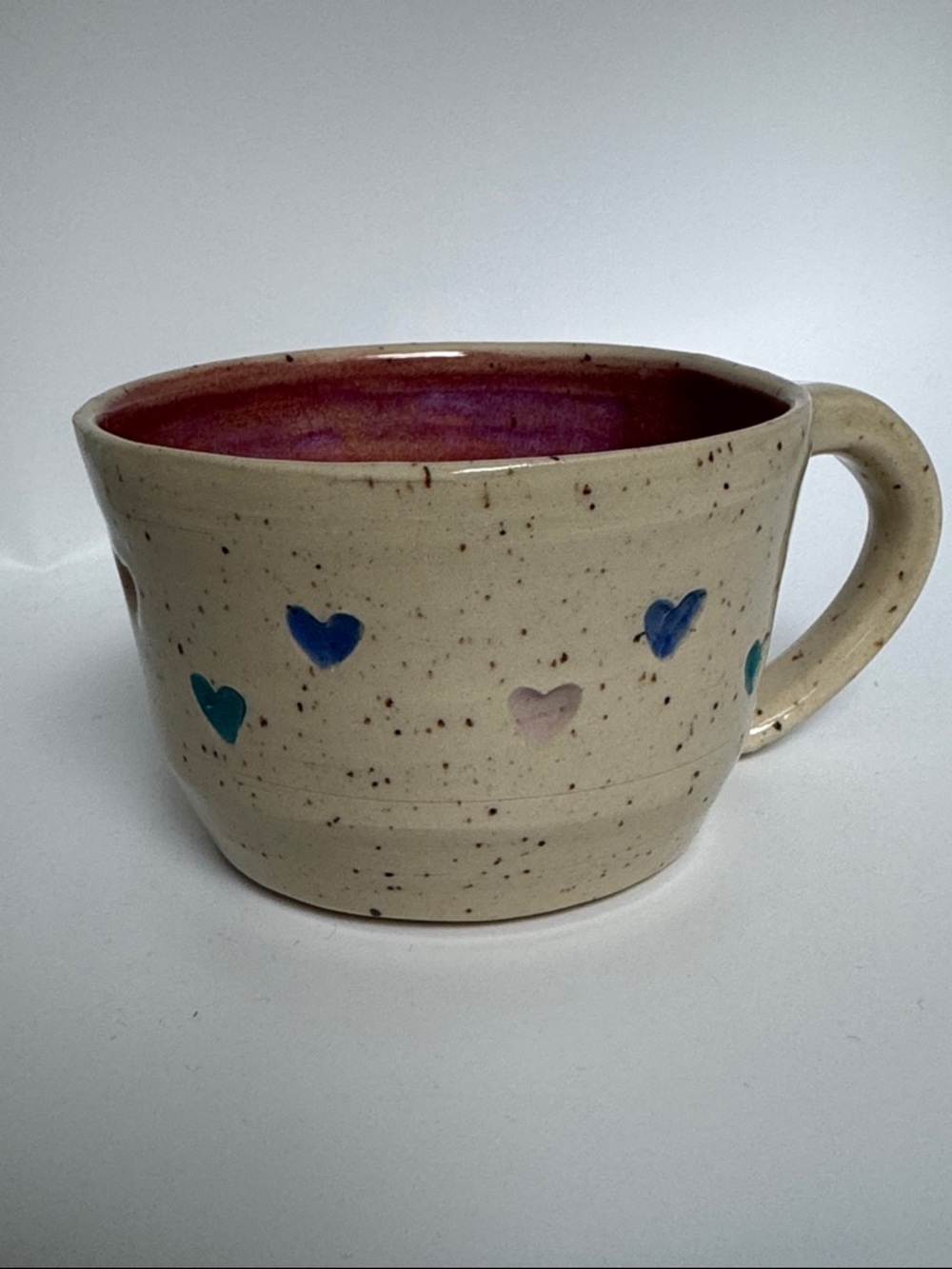 Handmade Speckled Ceramic Mug with Blue teal pink Hearts